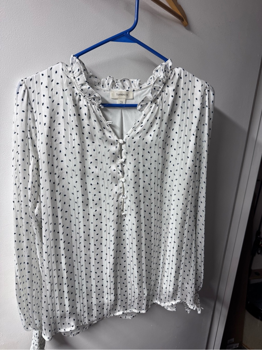 Tommy K White Polka-Dot Ruffle Neck Blouse